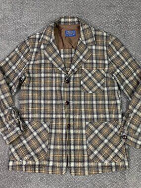 Vintage Pendleton Wool Blazer Shirt Jacket Mens Medium Brown Plaid Unstructured